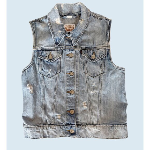 LEVI'S Denim Distressed Full Button Vest Size Small - Picture 2 of 7